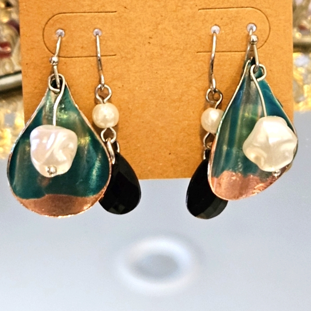 Artisan Blue and Copper Earrings with Pearl Accents